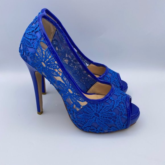 FSJ Blue Lace Satin Peep Toe Bridal Heels Platform - Picture 3 of 9